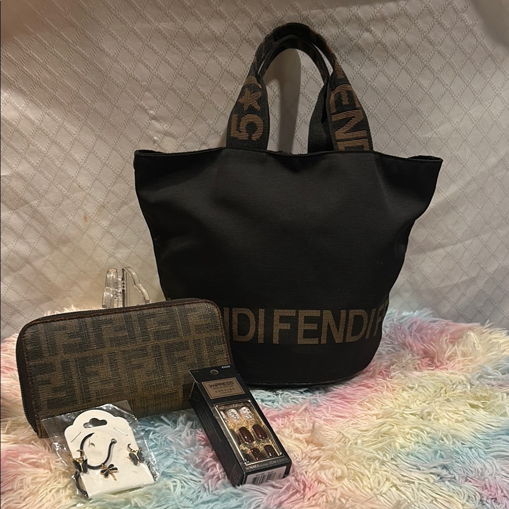 Fendi Black and Brown Tote Bag with Fendi  Wallet , Nails & Jewelry set